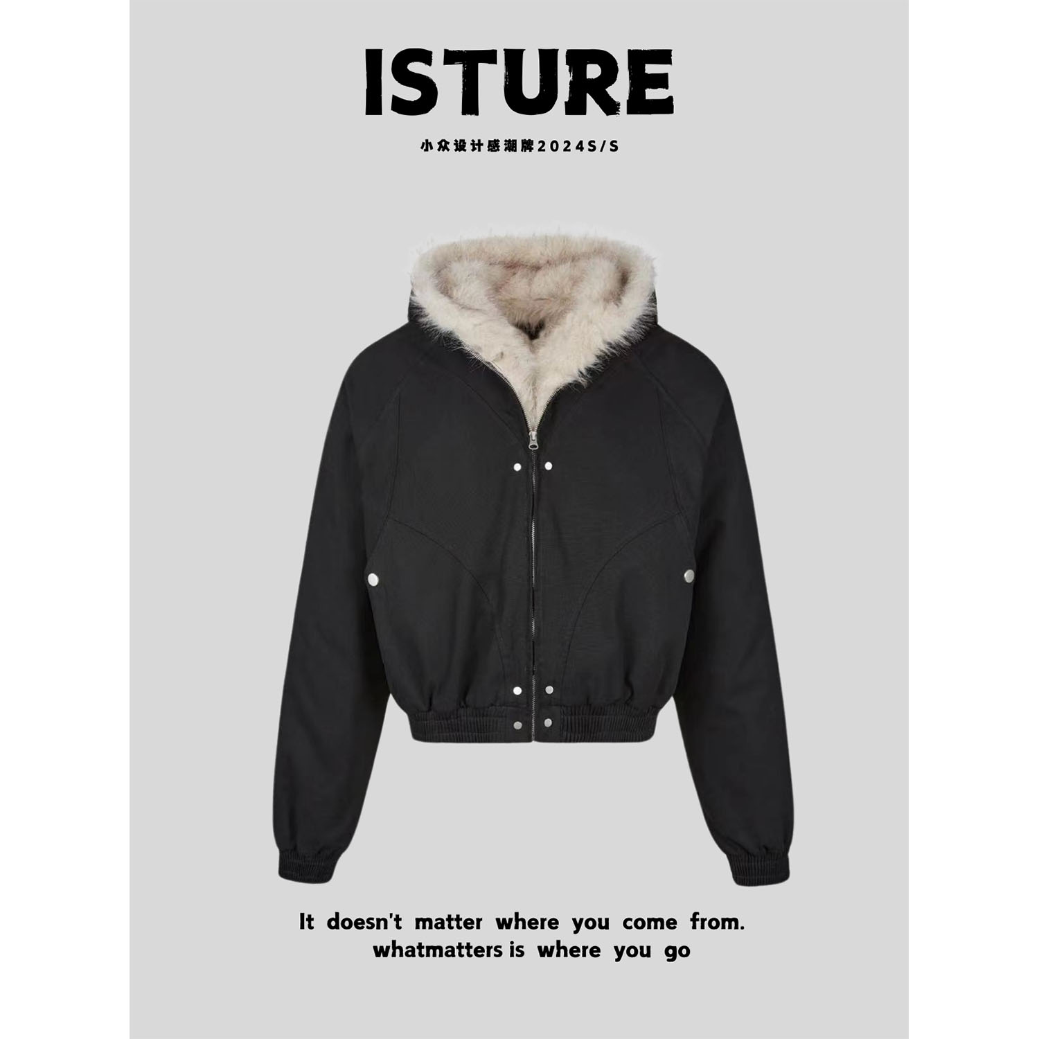 ISTURE美式黑色座山雕棉服男女秋冬款高级感加绒短版cleanfit外套