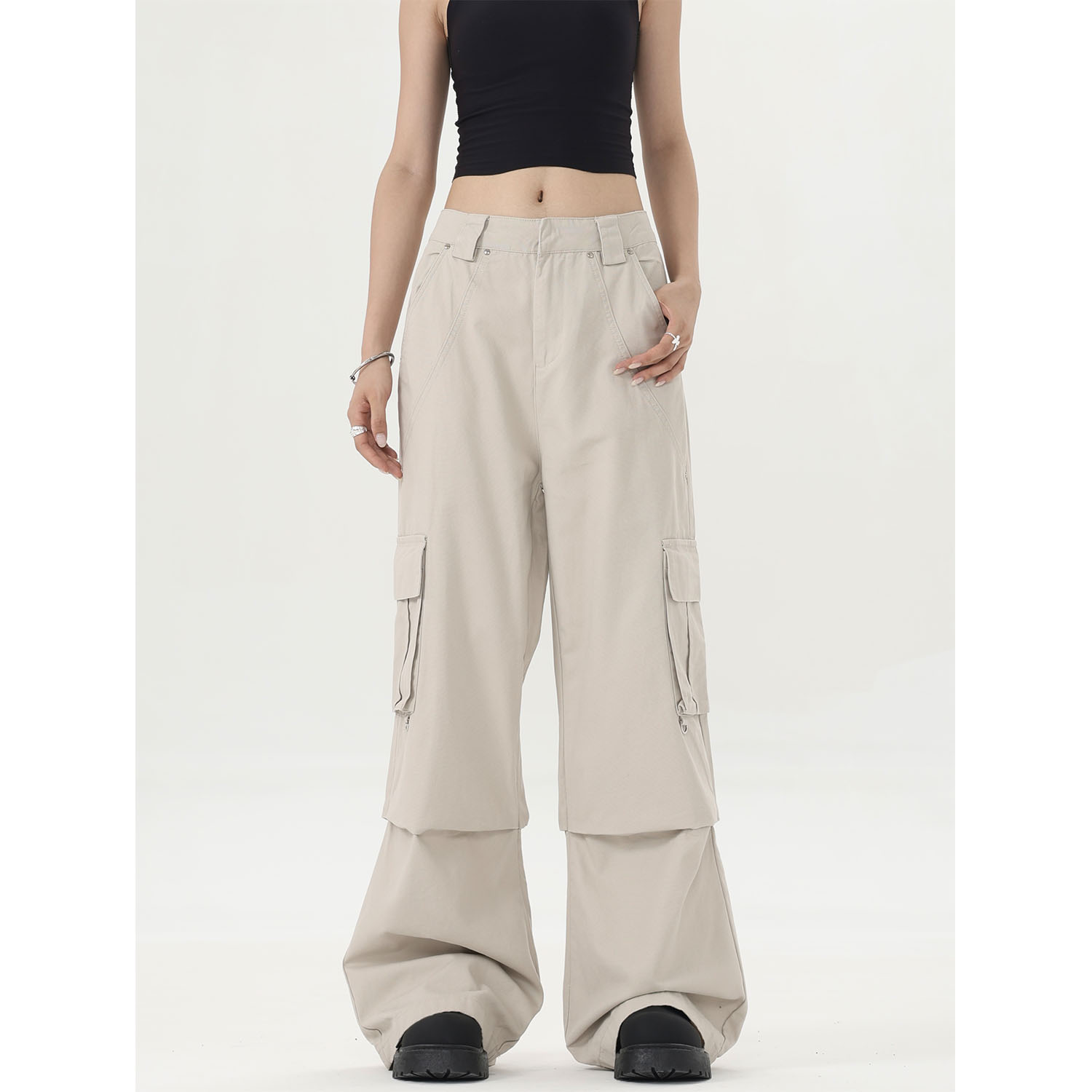 ISTURE 美式复古褶皱伞兵裤无性别多口袋秋款宽松微喇休闲工装裤