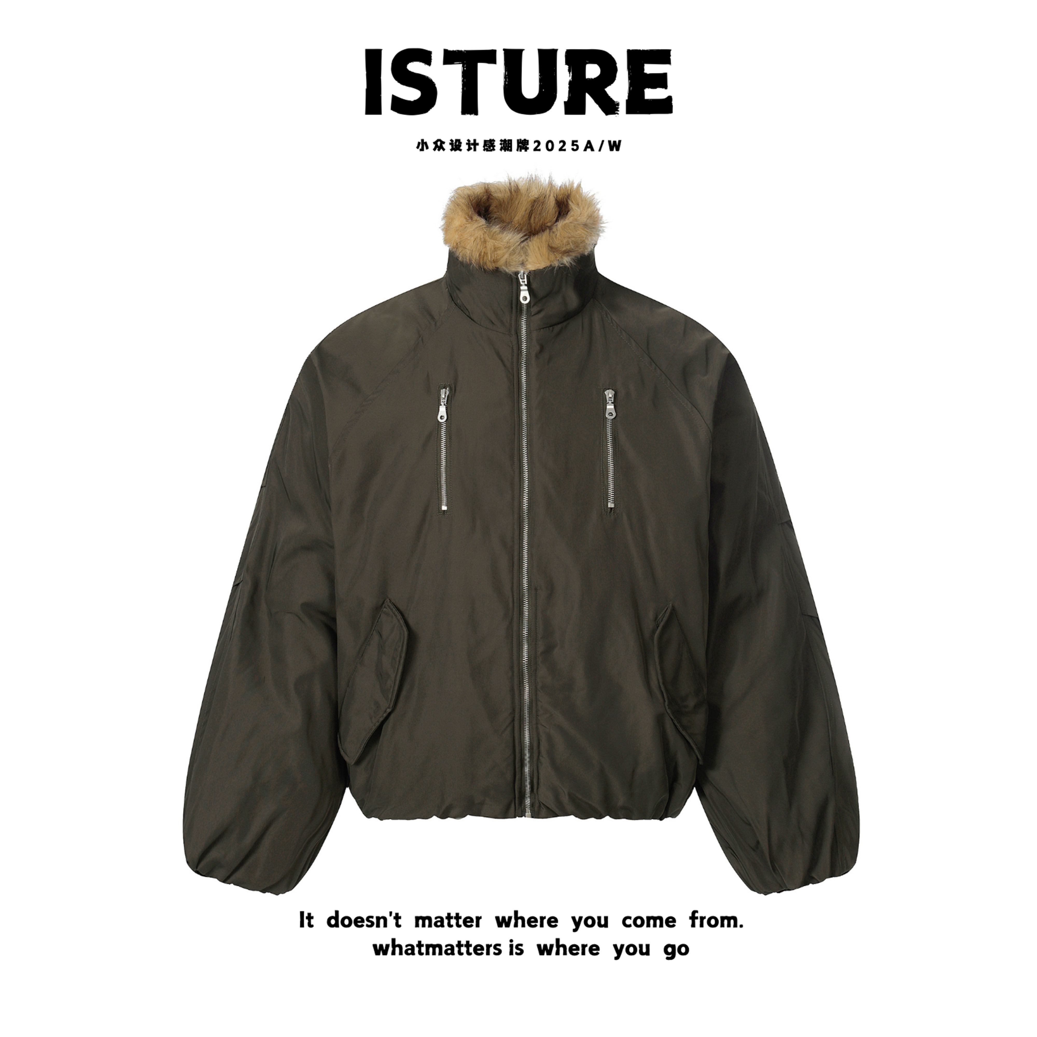 ISTURE美式复古派克立领毛领棉服情侣宽松百搭休闲保暖冬季外套潮