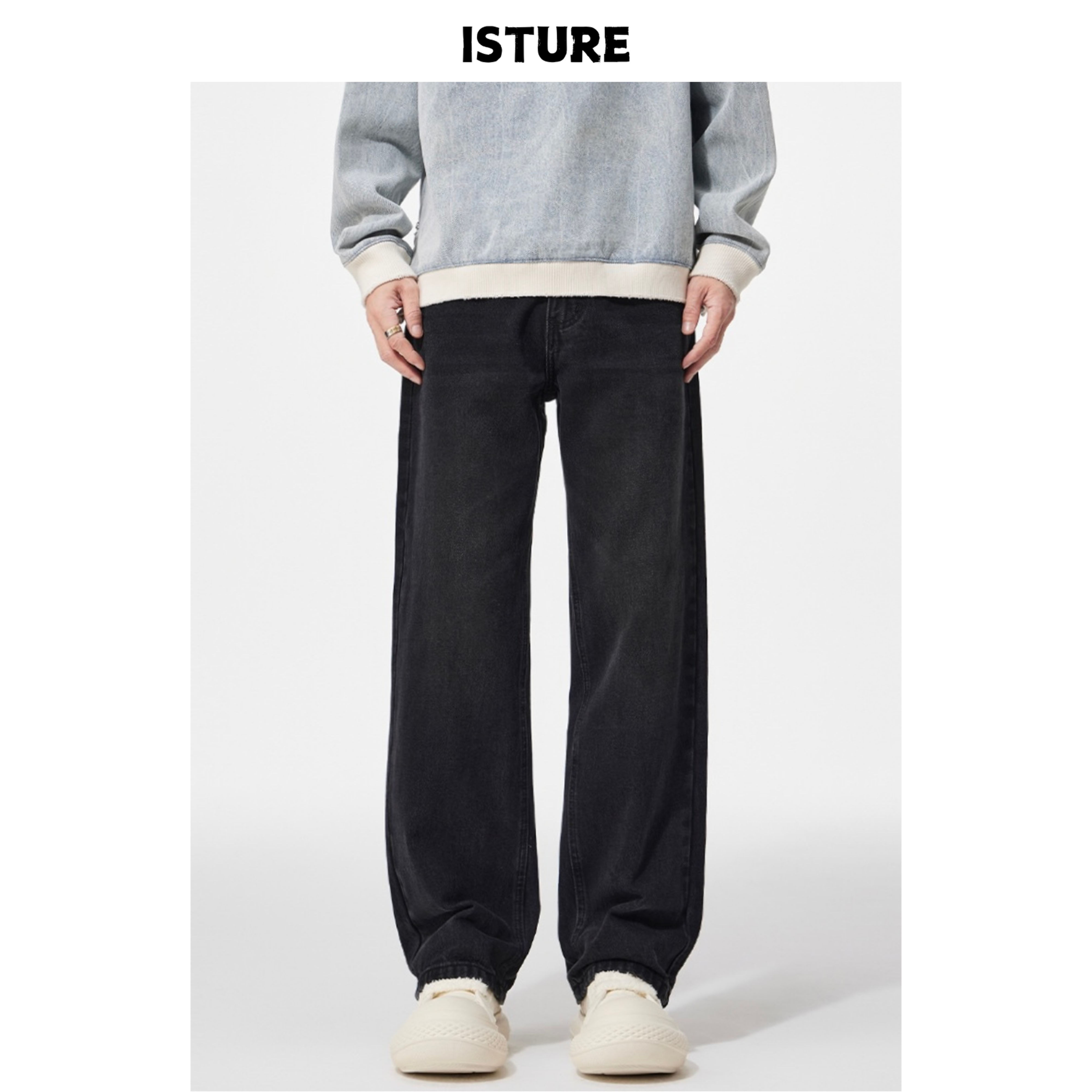 ISTURE美式复古cleanfit磨白水洗黑牛仔裤男女宽松休闲直筒长裤子