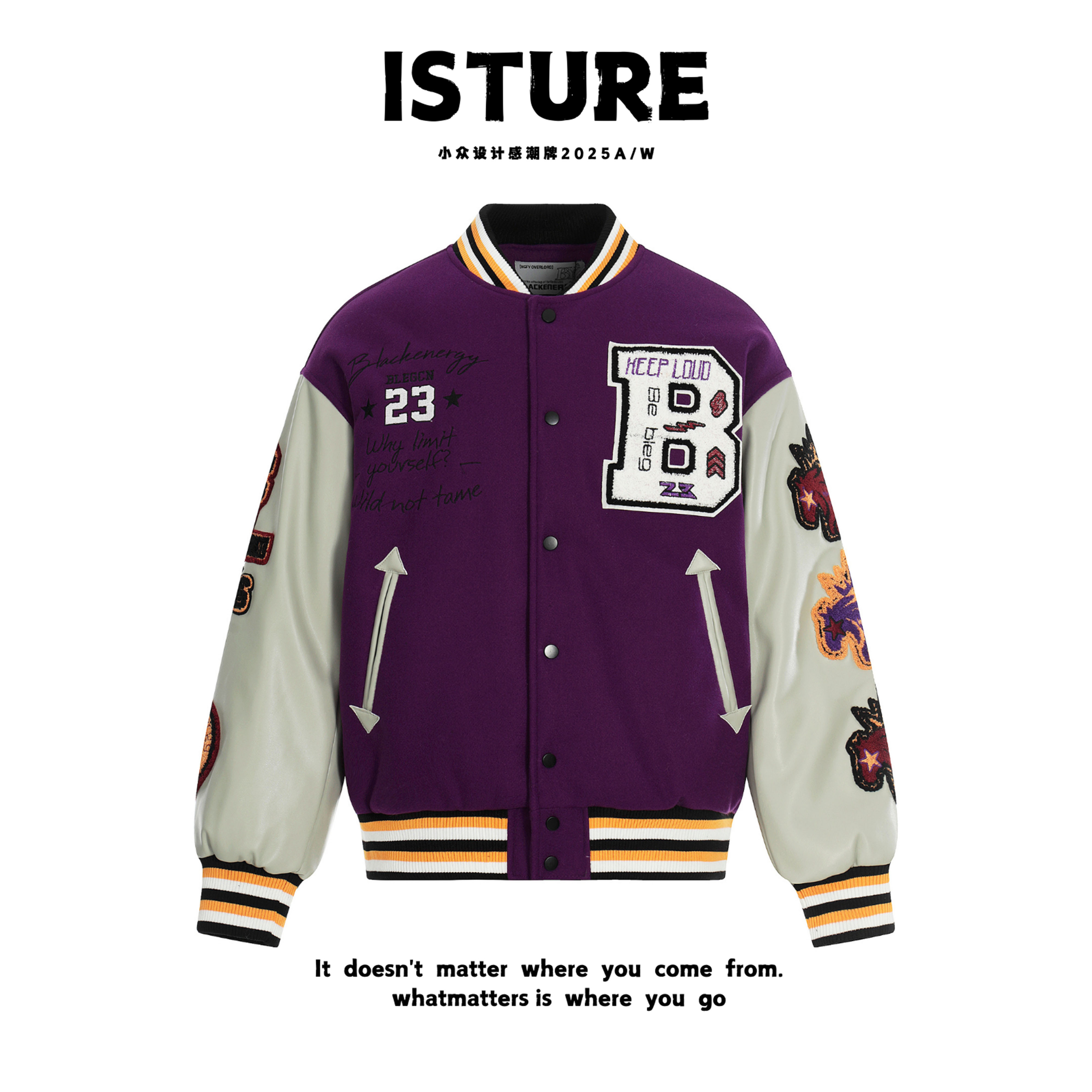 ISTURE美式高街复古植绒刺绣棒球服情侣宽松百搭休闲冬季棉衣外套