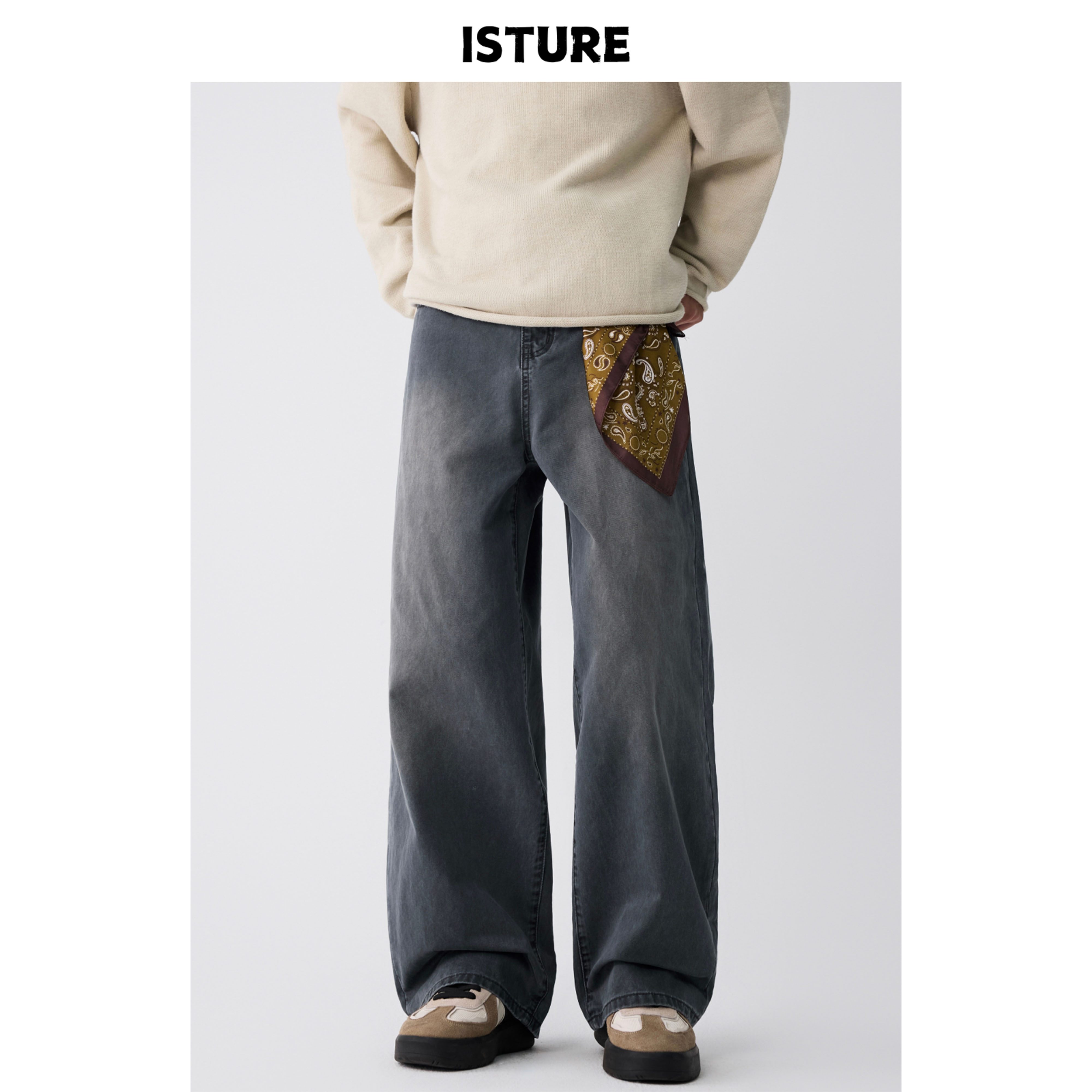 ISTURE美式复古水洗磨白牛仔裤男女宽松简约做旧休闲直筒长裤潮