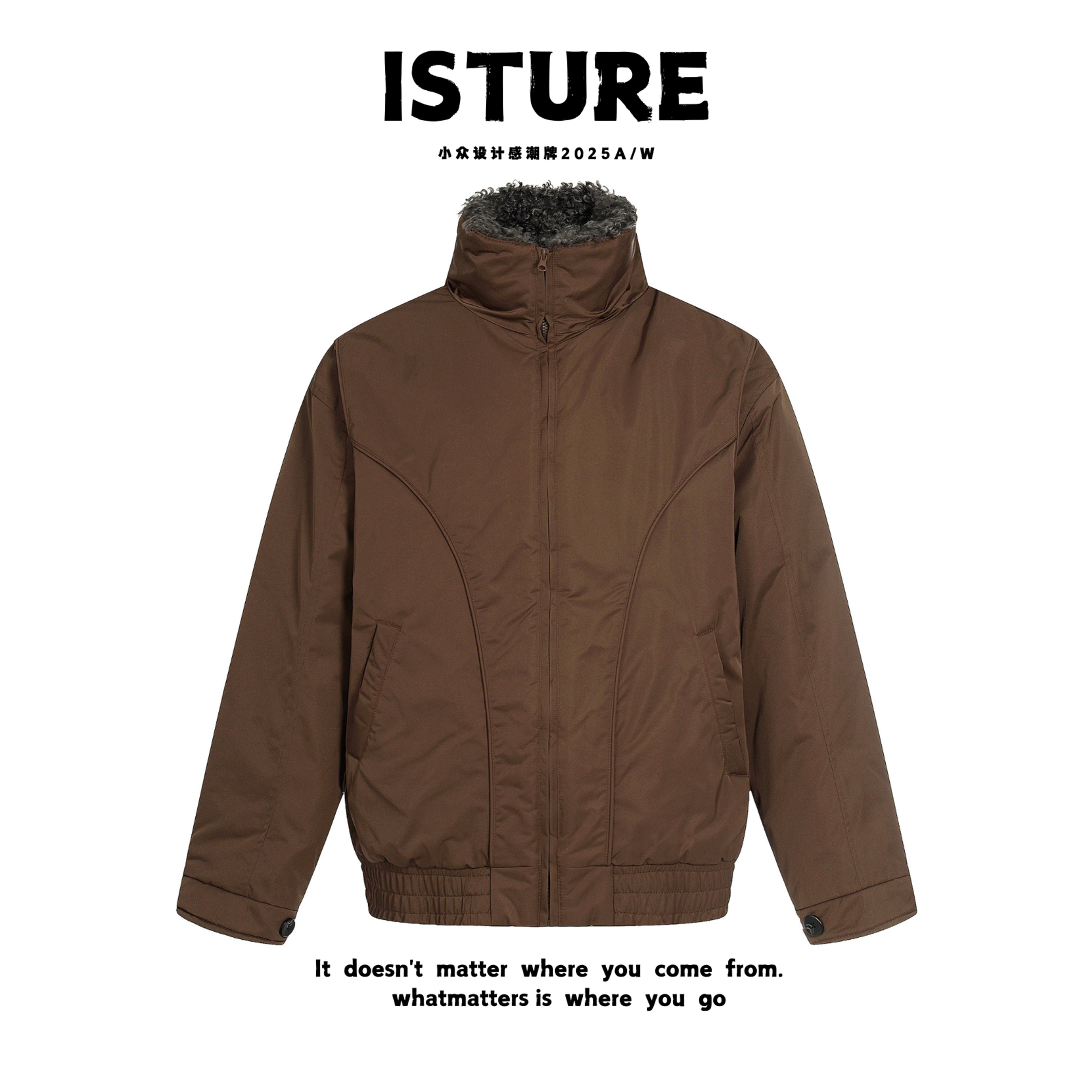 ISTURE美式复古bomber解构立领棉服情侣宽松百搭休闲冬季夹克外套