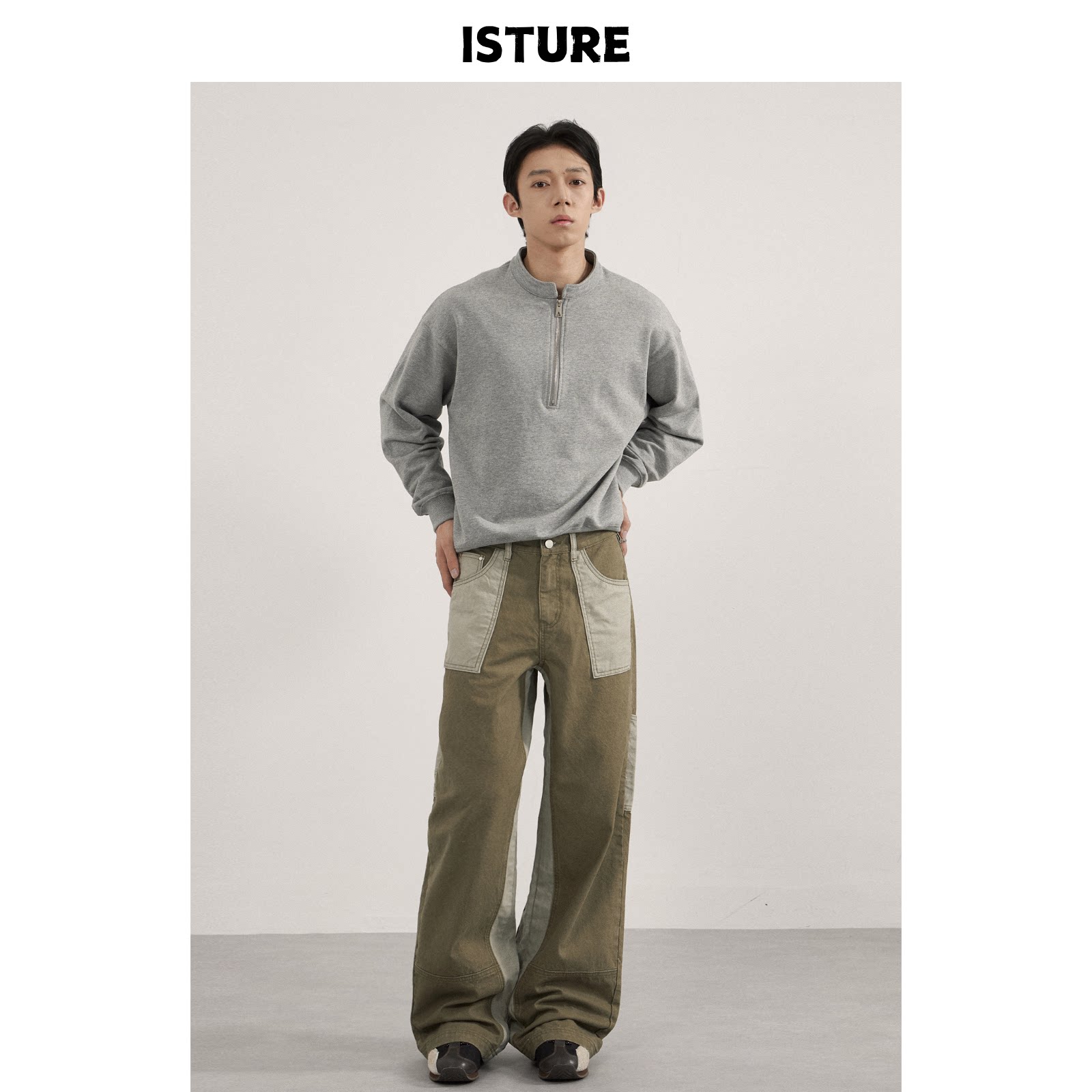 ISTURE 美式复古vintage撞色拼接口袋工装裤男女宽松休闲阔腿长裤