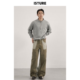 男女宽松休闲阔腿长裤 ISTURE 裤 复古vintage撞色拼接口袋工装 美式