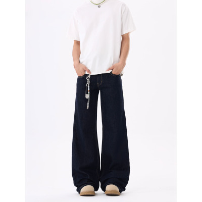 ISTURE美式简约直筒丹宁黑牛仔裤男女基础款阔腿宽松拖地原牛裤子