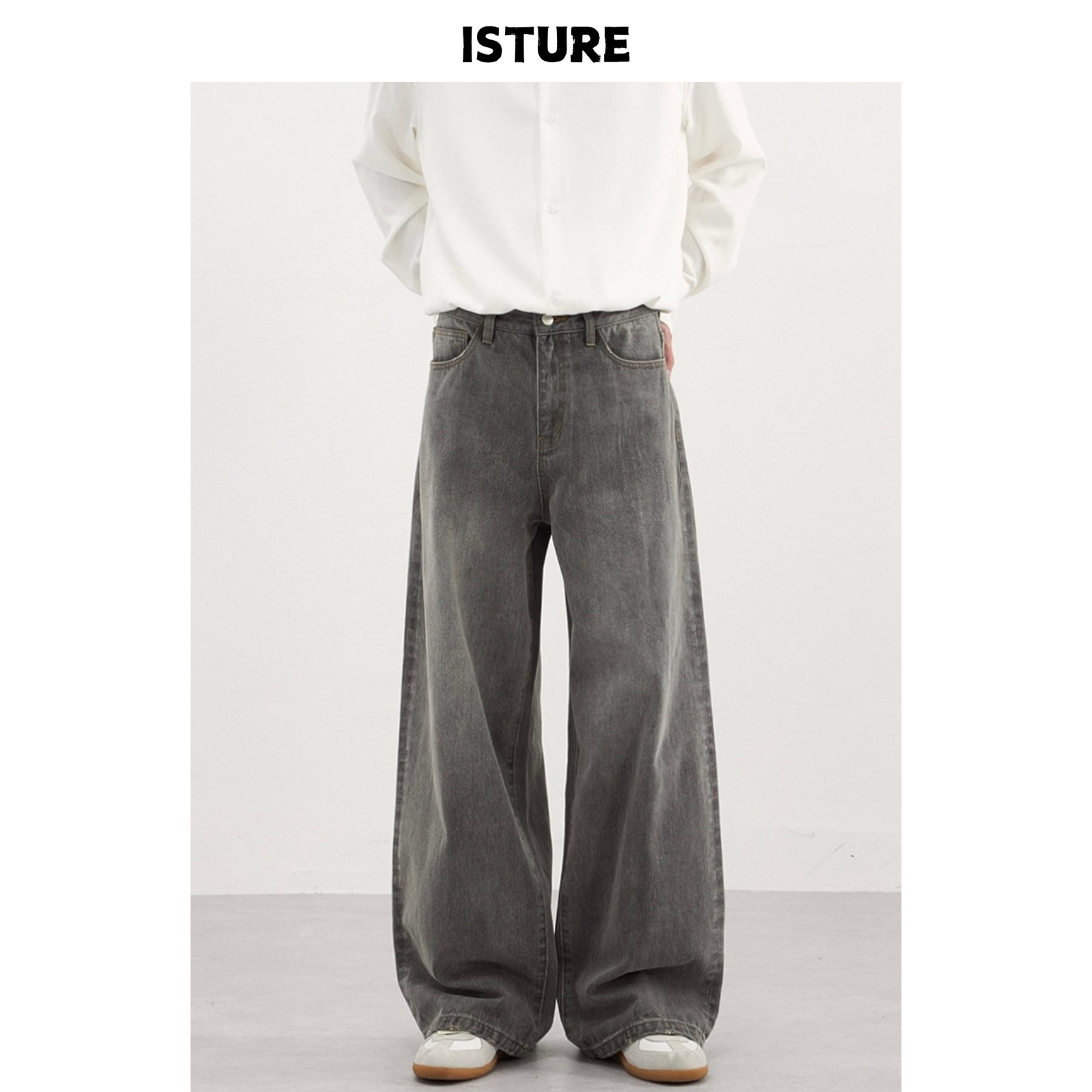 ISTURE美式复古做旧水洗磨白cleanfit牛仔裤男女宽松休闲阔腿长裤