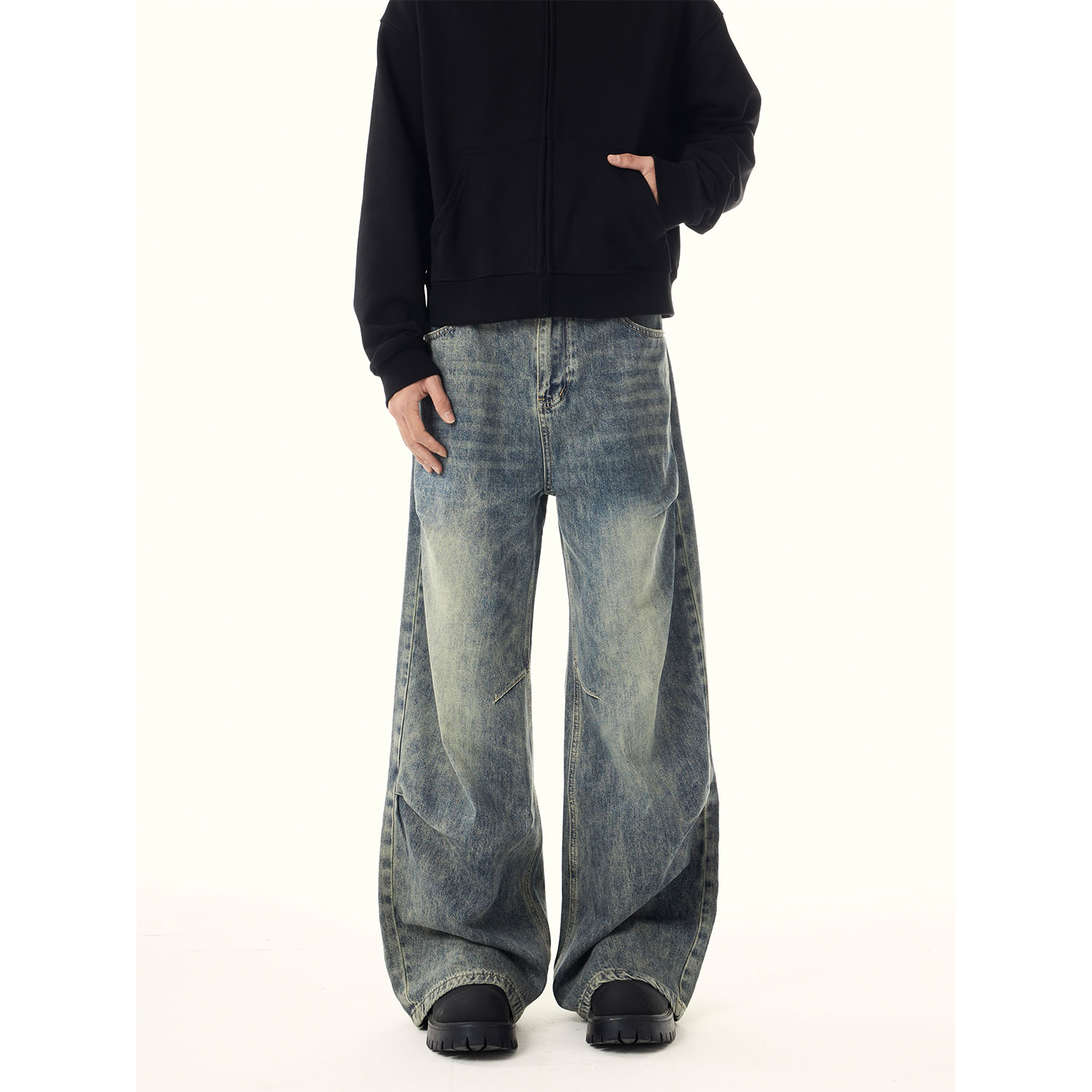 ISTURE美式复古裤腿褶皱设计牛仔裤男女秋冬款水洗做旧阔腿长裤潮