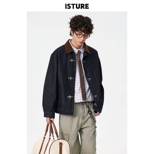 ISTURE美式复古飞机扣撞色翻领工装夹克情侣宽松休闲痞帅牛仔外套