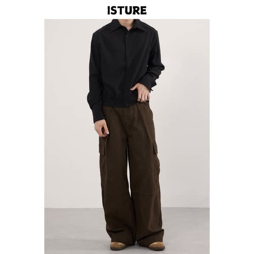 ISTURE美式复古美拉德多口袋拼接工装裤男女宽松休闲阔腿垂感长裤