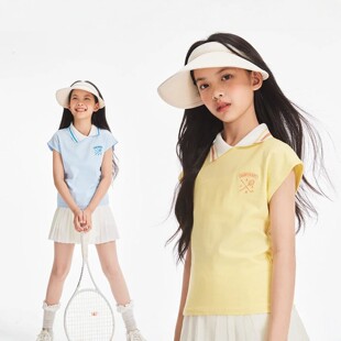 女童夏季清新黄色蓝色学院风Polo领短袖T恤透气潮款网球无袖上衣