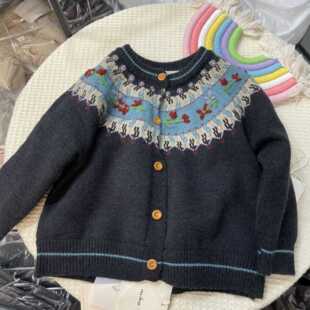女童毛衣新款费尔岛儿童洋气蓝色针织开衫百搭外套秋装女童上衣