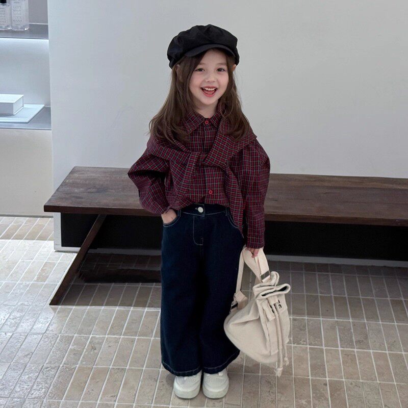 儿童装女童衬衫披肩可拆卸格子休闲上衣春秋装新款外贸潮酷童装