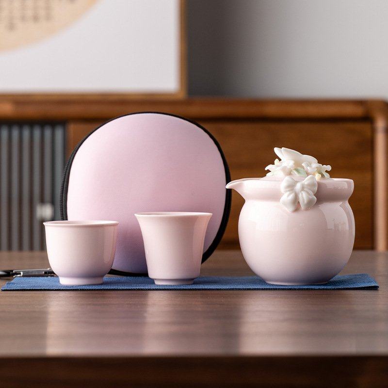 快客杯粉色文创旅行露营户外便携收纳包功夫茶具女手工捏花泡茶壶,餐饮具,整套茶具,淘宝优惠券,粉丝福利购,淘宝优惠卷