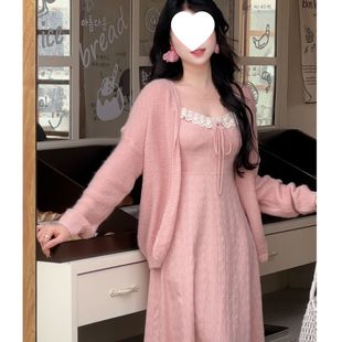 法式甜美修身显瘦毛衣+温柔风超仙蕾丝吊带连衣裙两件套串珠印染