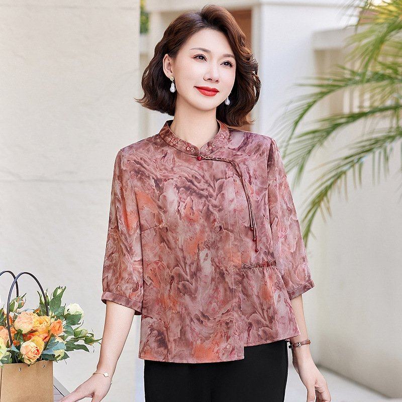 妈妈夏装新中式小衫套装2025新款中老年女装春夏季七分袖雪纺上衣,女装/女士精品,真丝上装,淘宝优惠券,粉丝福利购,淘宝优惠卷