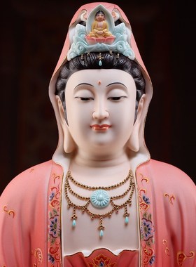 速发陶瓷16吋静思观音彩绘观世音菩萨像供奉家用德化摆件