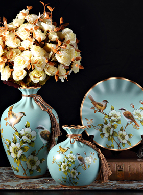 速发美式复古玄瓷摆件花瓶盘子欧式装厅陶关酒柜创意家居客饰品
