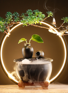 速发创意陶瓷小型流水招办摆件家居财公泉桌面喷室加湿循环水开业