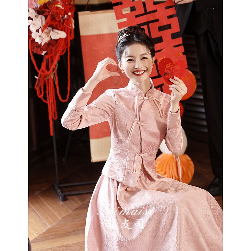 速发新中式敬酒服套装秀禾服新娘婚服粉色旗袍衣服长袖回门订婚礼