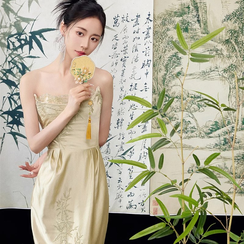 速发新摄式水墨画挂布条幅结婚婚房方晨袍饰中背景国风装拍客厅布