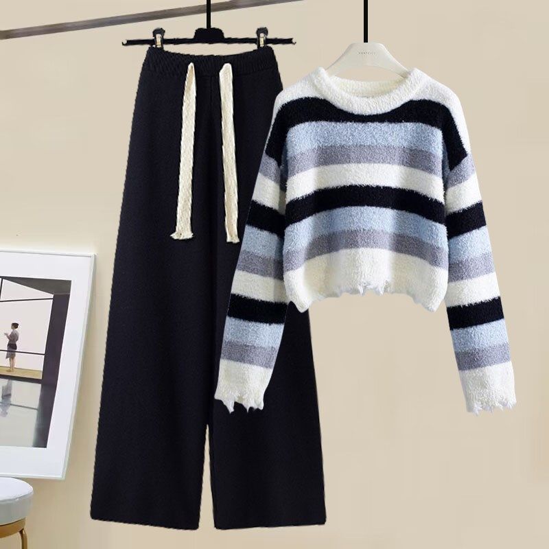 速发小个子裤搭件整套春装新款条纹针织衫毛衣休闲阔腿穿减龄两一