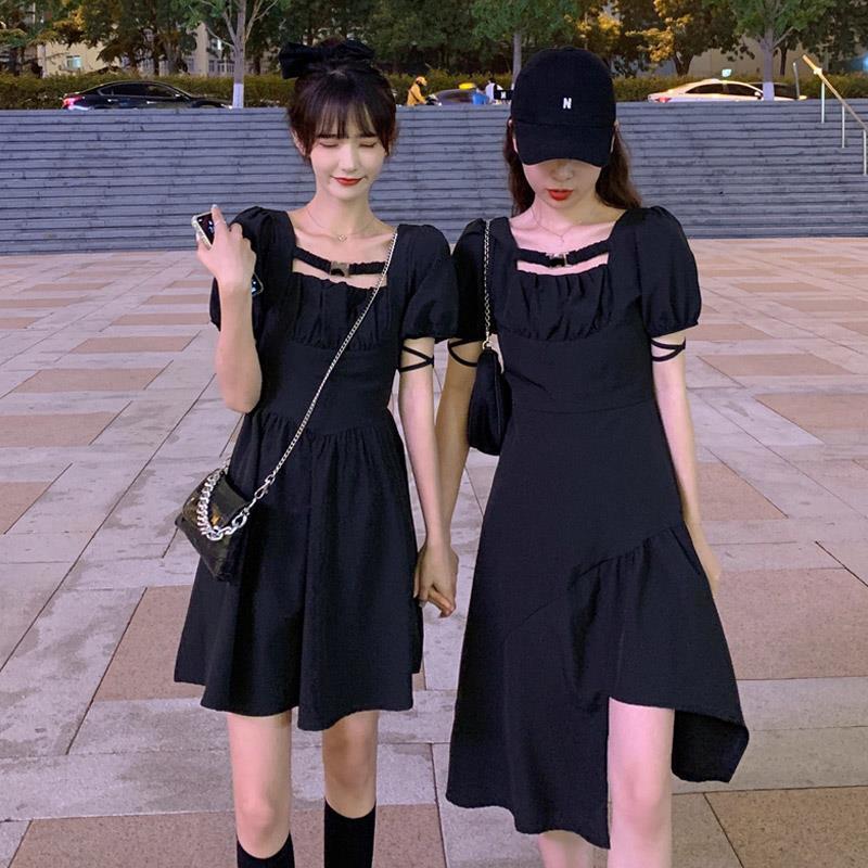 2023夏季新款女装黑色泡泡袖法式连衣裙子大码胖mm遮肚显瘦高级感