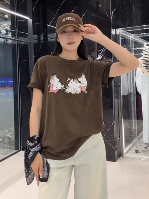 姆明系列正品2026夏新品小河马印花短袖长绒棉T恤做旧MBF2TEE045