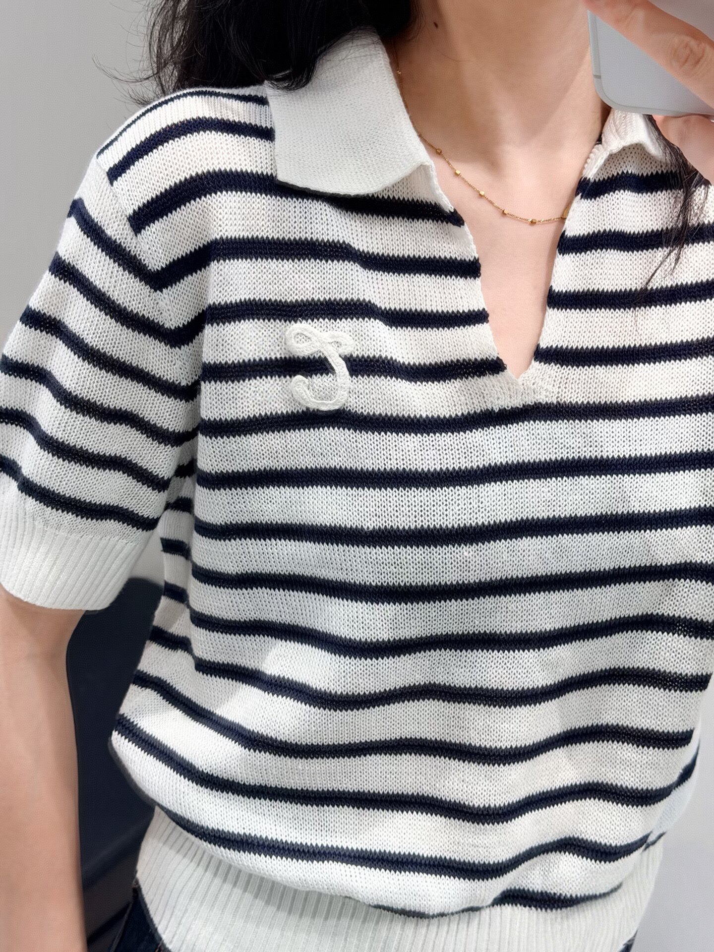 C+正品2026夏新翻领条纹棉麻短袖T恤女宽松纯色V领短款MBF2SWT043