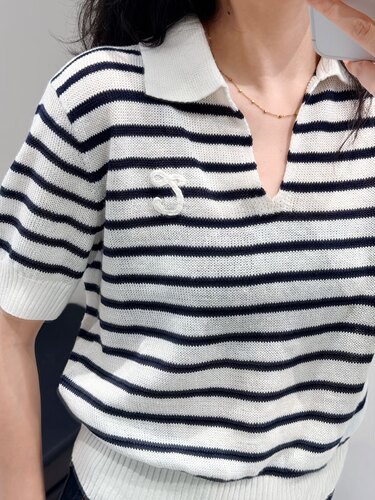 C+正品2026夏新翻领条纹棉麻短袖T恤女宽松纯色V领短款MBF2SWT043
