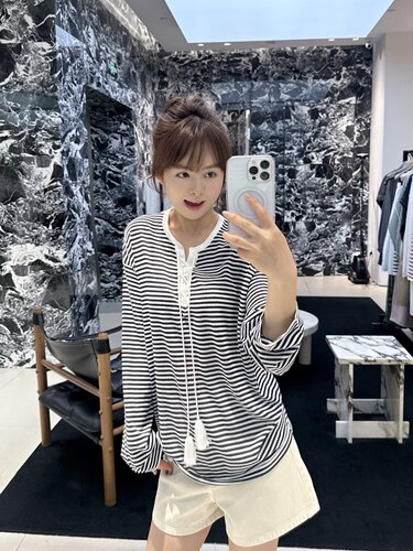 正品2026夏季新品条纹丝绵流苏领口绑带长袖t恤女宽松MBF2SWT039