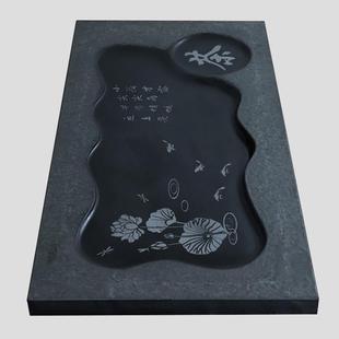 茶盘整块天然茶海家用一体原石长方形泡茶盘茶桌石盘 乌金石嵌入式