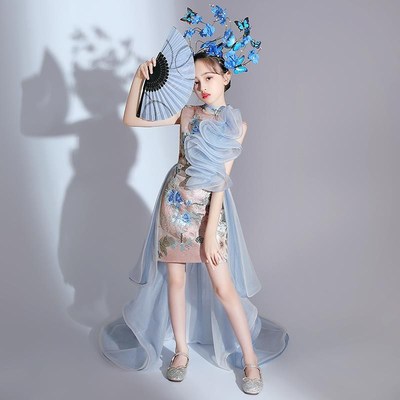 国潮女童走秀礼服夸张中s国风儿童模特T台时装演出服霸气潮服拖尾