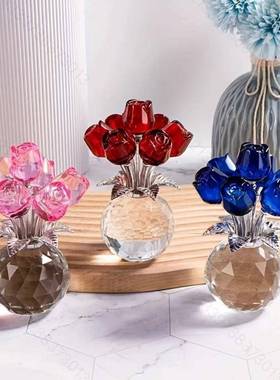 创意水晶花朵七朵玫瑰花桌面摆件节日送朋友老师礼物摆件水晶花朵