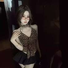 美式辣妹豹纹露背挂脖吊带小背心女夏季紧身内搭短款外穿性感上衣