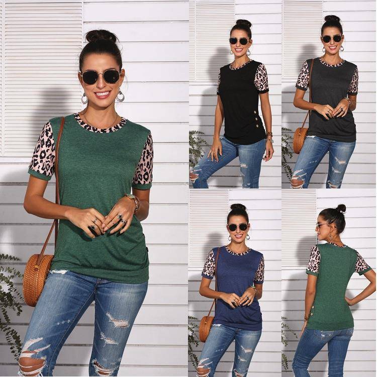 Womens T-shirt top print neck leopard patchwork round