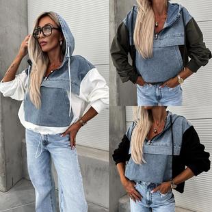 loose washed Fashionable casual hooded denim stitching