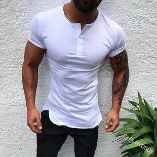 T-shirt mens fit slim button pullover neck round