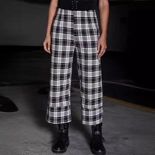leg and split casual loose trousers black white plaid pants