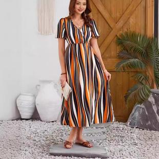 Sleeve Lotus Striped Short Geometric Fashion Neck