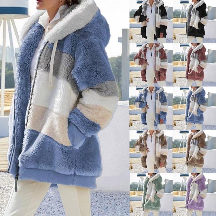 hooded plush patchwork pocket coat women zipper Warm loose