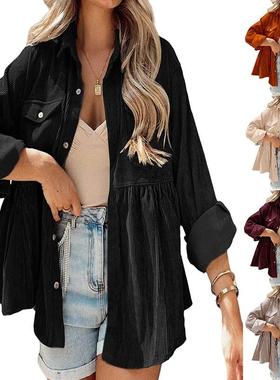 Womens long sleeve corduroy ruffle shirt top button down