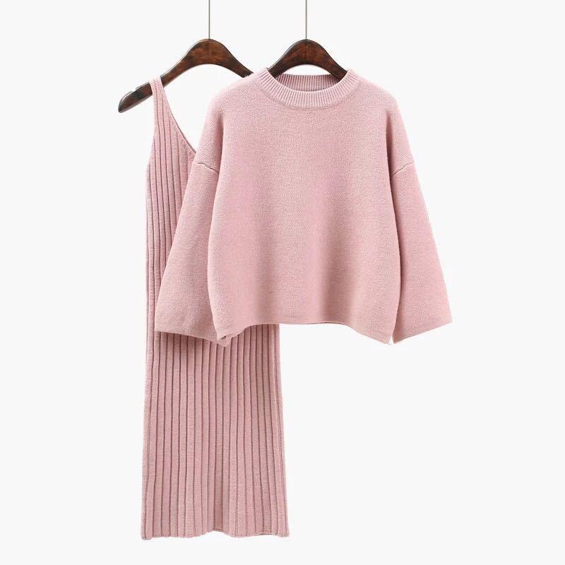 sweater pullover student color solid skirt piece two