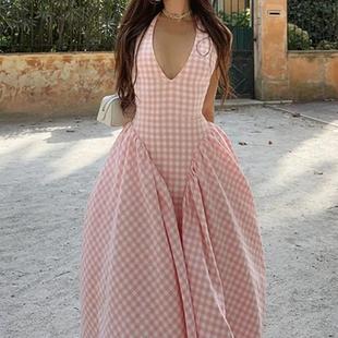 neck halter dress INS pleated style elegant waist