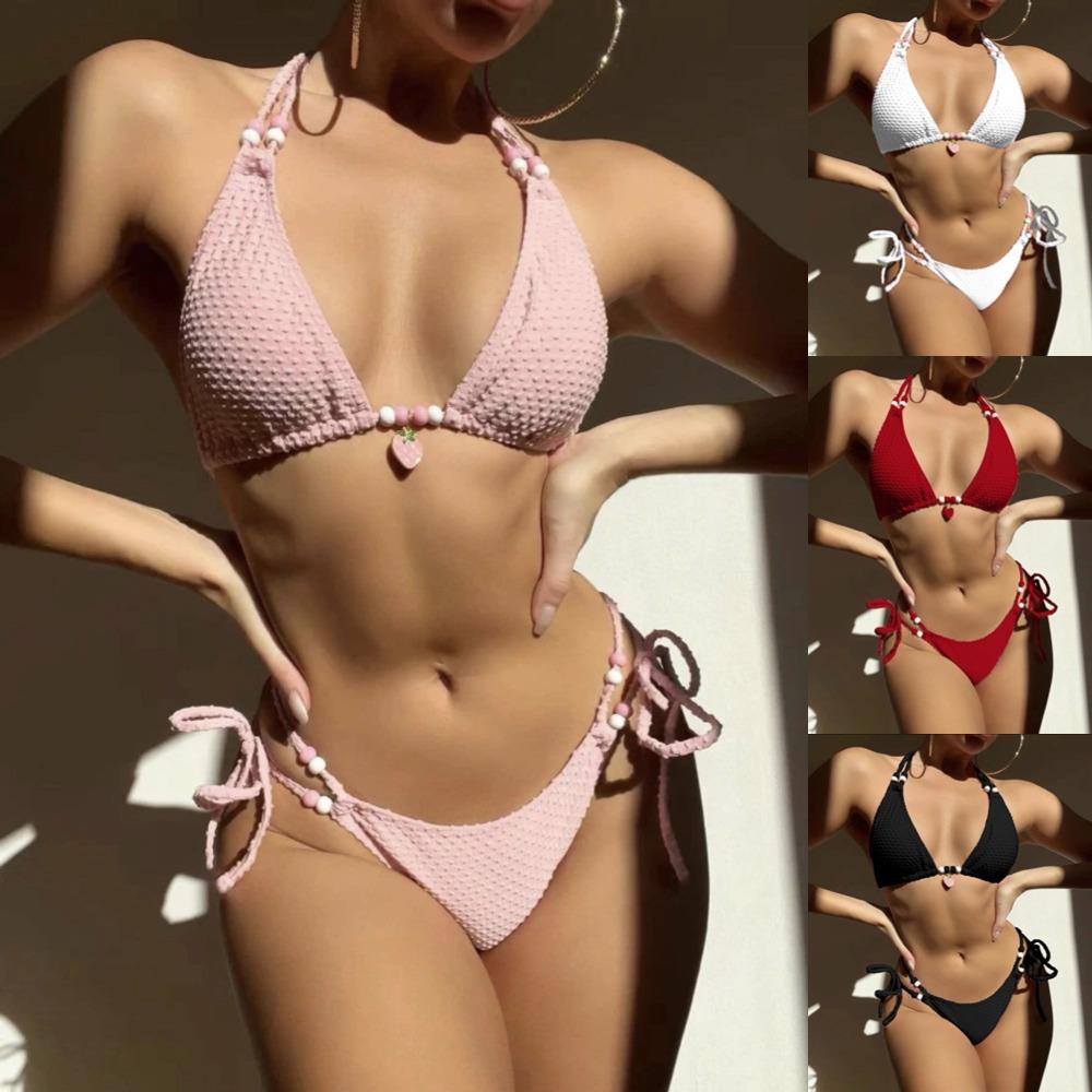 swimsuit women floral sexy bikini lace up beachwear halter