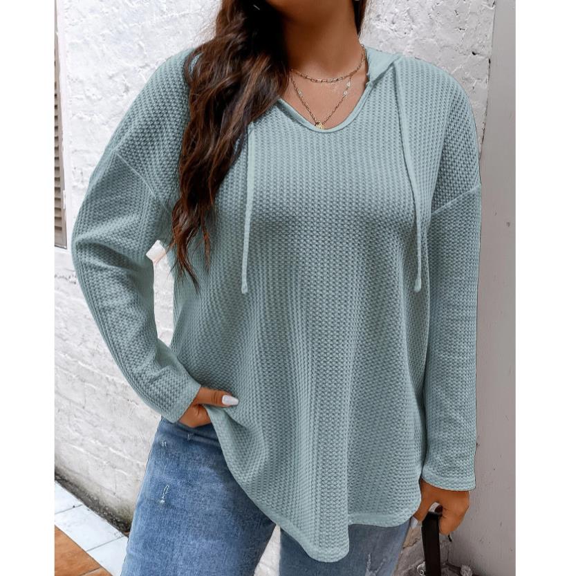 Womens Casual Loose Waffle Knit Plus Size Hooded Sweatshirt