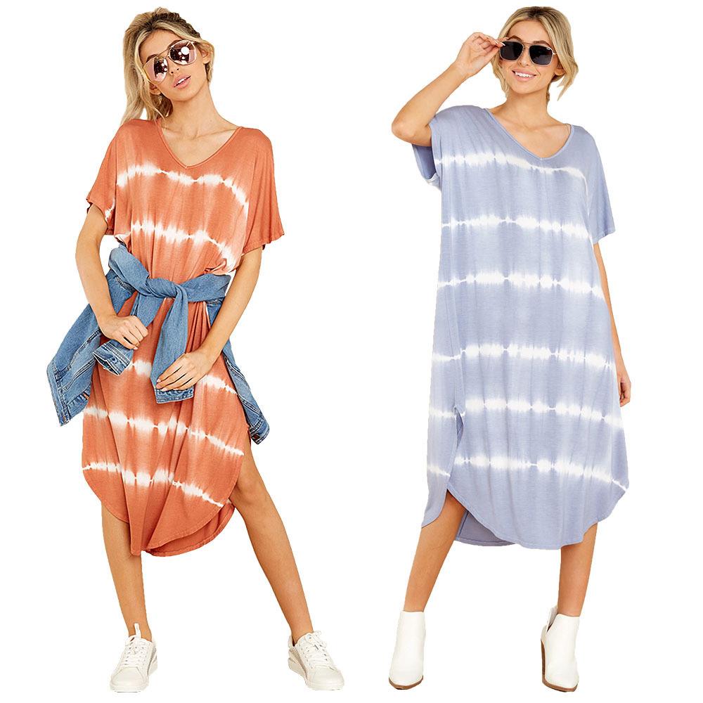 Women's dress casual V-neck loose tie-dye long skirt