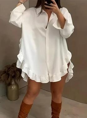 ruffle loose shirt dress autumn lapel neck long fashion