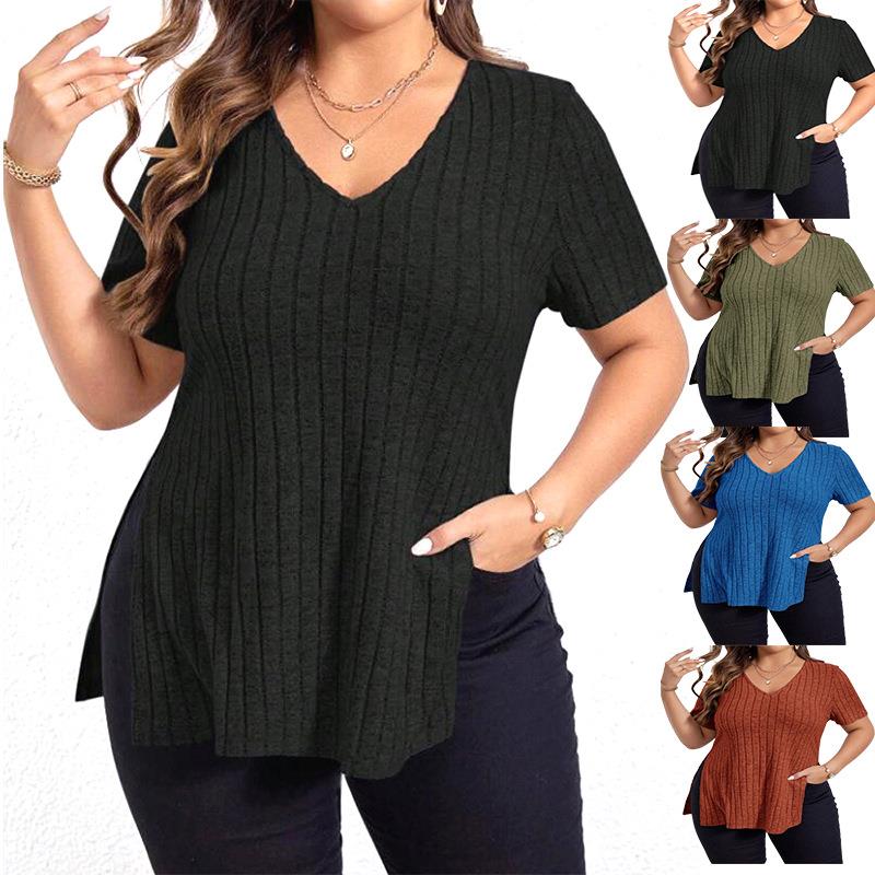 Solid color casual V-neck slit short sleeves