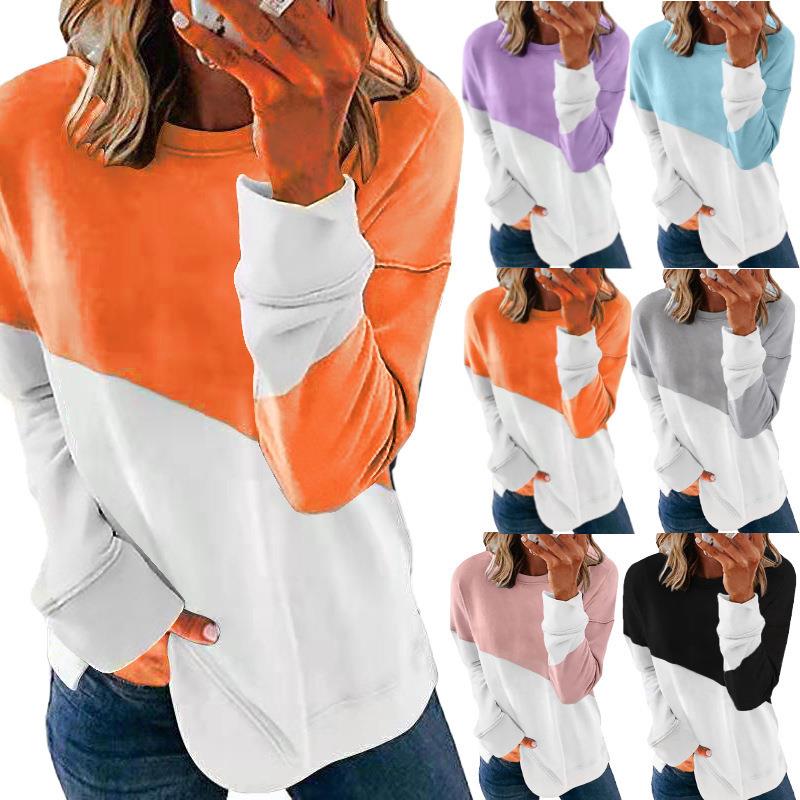 Neck Colorblock T-shirt Long Round Color Sweater Sleeve
